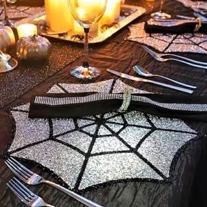 Set of 4 Sparkles Bling Luminous Rhinestone Silver Spider Web Halloween Charger